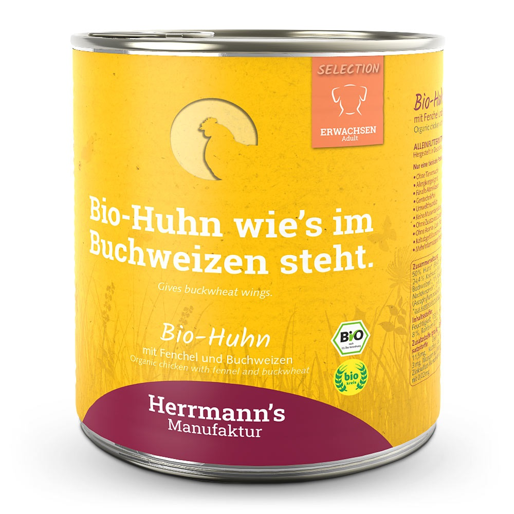Herrmann's Hunde Dose - Bio-Huhn mit Fenchel und Buchweizen  - 800g Hunde Nassfutter