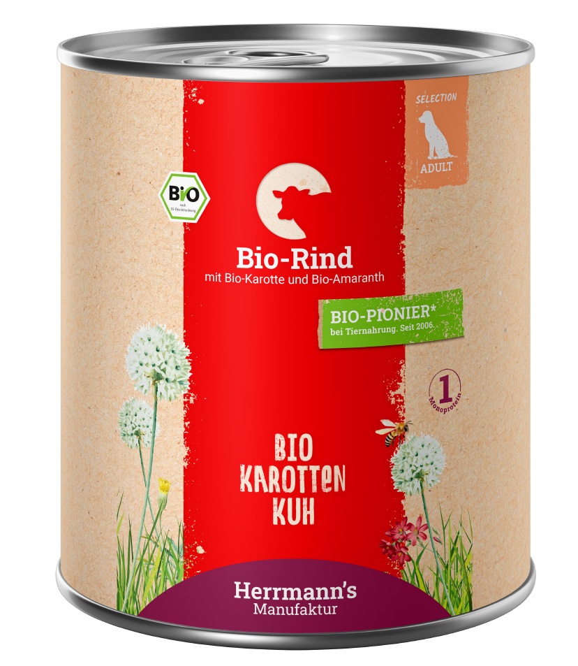 Herrmann's Hunde Dose - Bio-Rind mit Karotten und Amaranth - 800g für Hunde Nassfutter