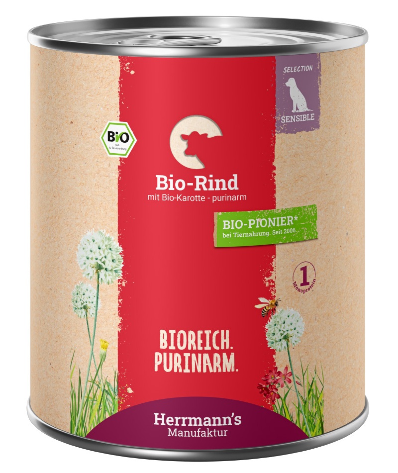 Herrmann's Hunde Dose - Bio-Rind mit Karotten und Süßkartoffel  - 800g für Hunde Nassfutter purinarm sensibel