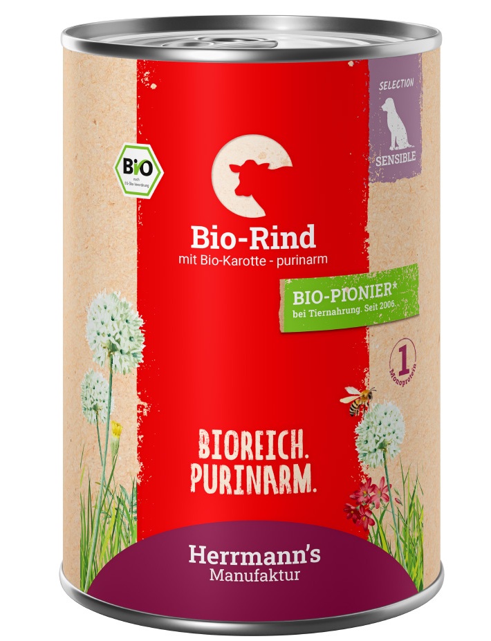 Herrmann's Hunde Dose - Bio-Rind mit Karotten und Süßkartoffel - 400g für Hunde Nassfutter purinarm sensibel