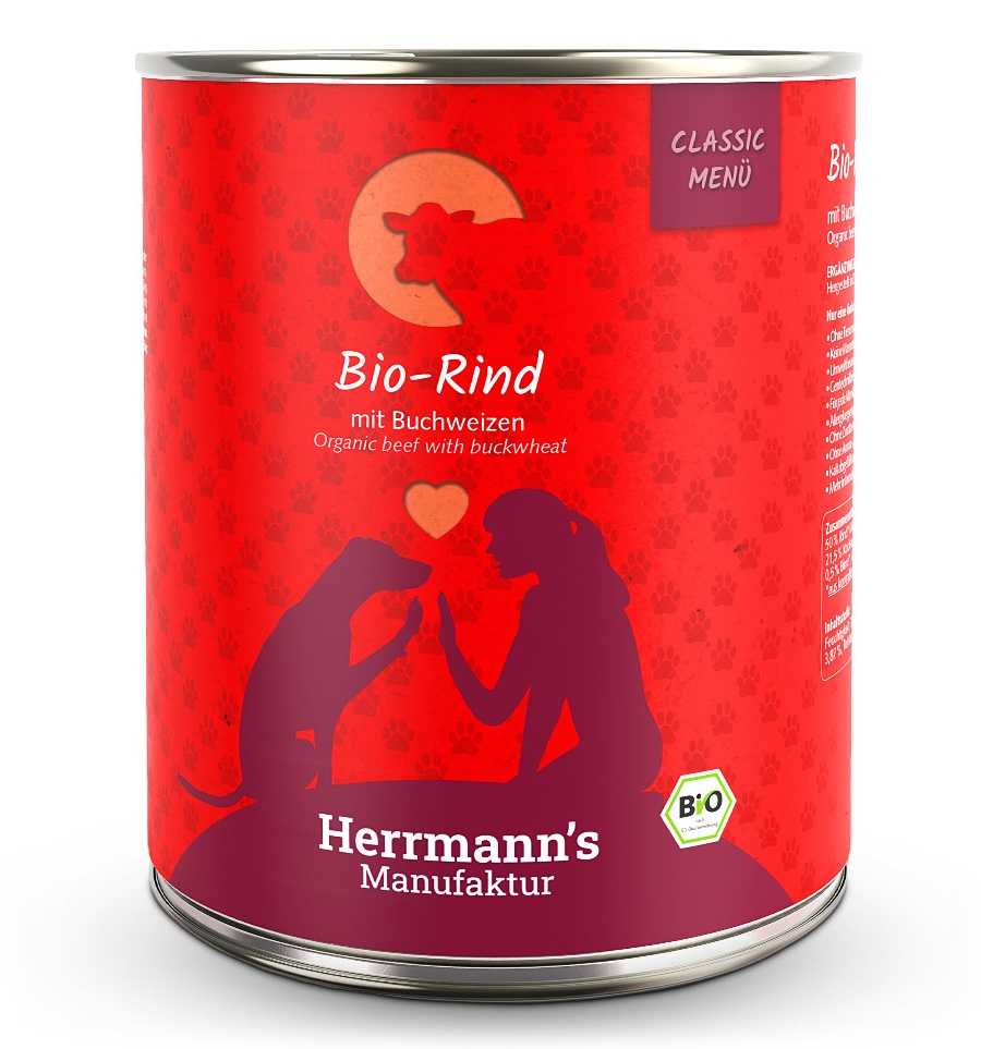 Herrmann's Hunde Dose - Classic Bio-Rind mit Buchweizen - 800g für Hunde Nassfutter