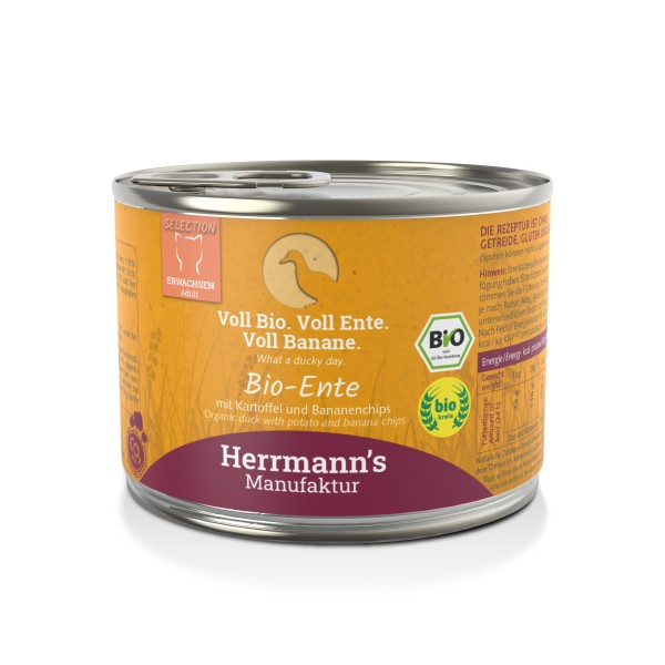 Herrmann's Katzen Dose - Bio-Ente mit Kartoffeln und Bananenchips - 200g Katzen Nassfutter