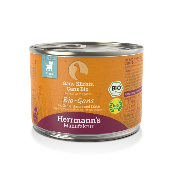 Herrmann's Katzen Dose - Bio-Gans mit Gänseschmalz, Kürbis & Kokosflocken - 200g Kitten Nassfutter - 1stes Jahr