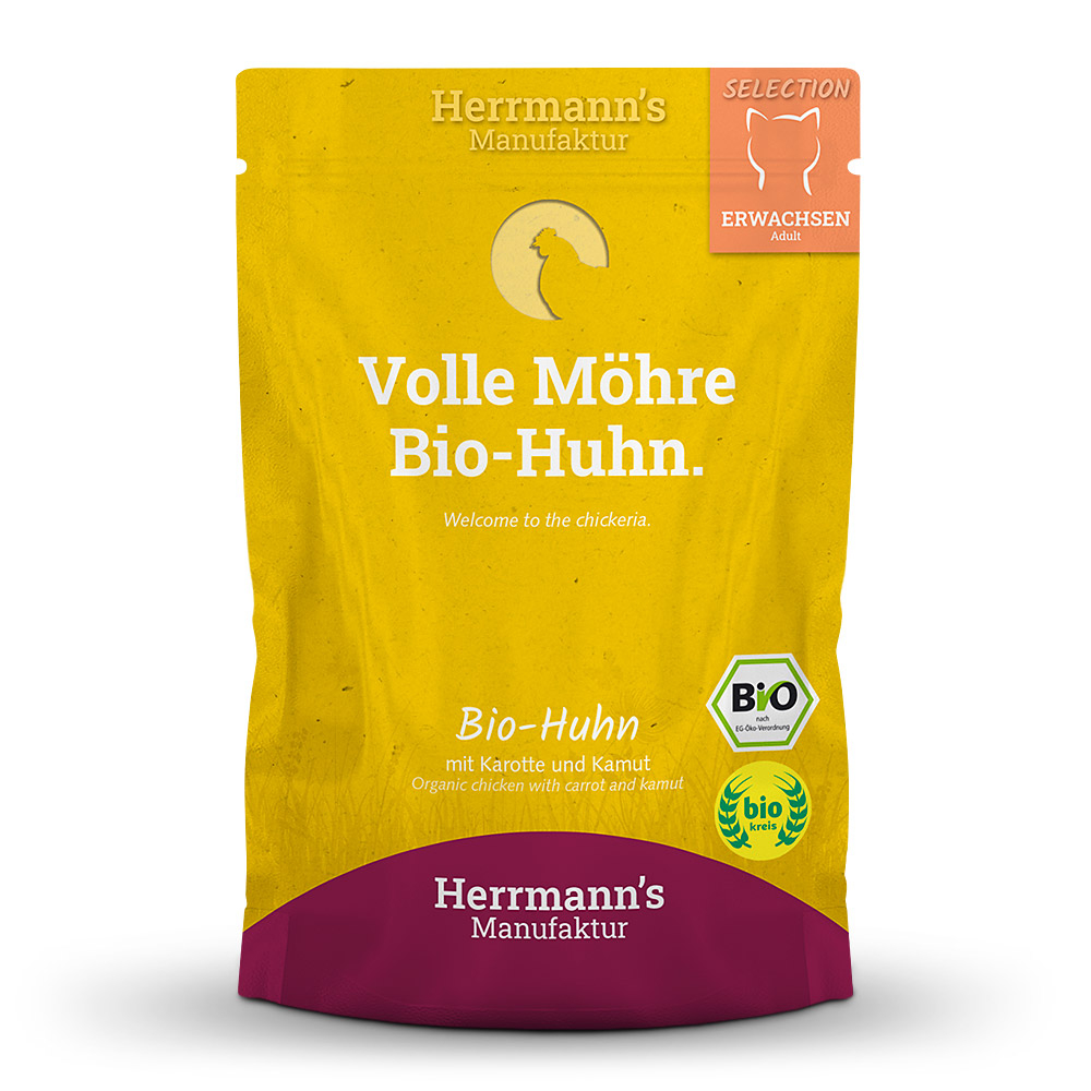 Herrmann's Katzen Pouches - Bio-Huhn mit Karotte und Kamut - 100g Katzen Nassfutter
