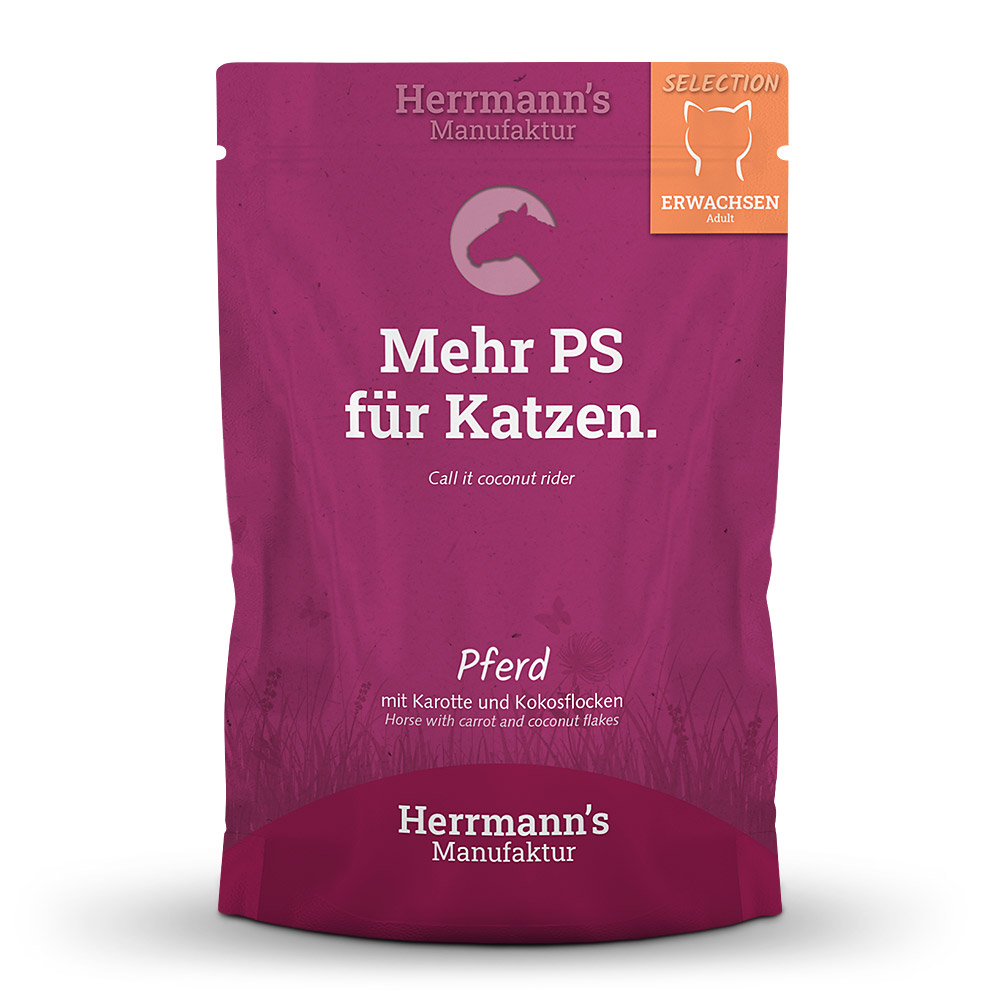Herrmann's Katzen Pouches - Pferd mit Karotte und Kokosflocken - 100g Katzen Nassfutter
