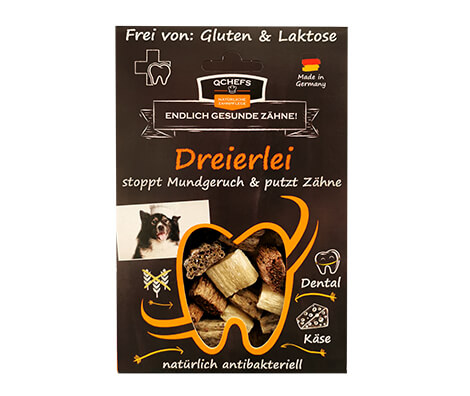 QCHEFS Dreierlei Käsesnacks für Hunde 65g - Zahnpflege
