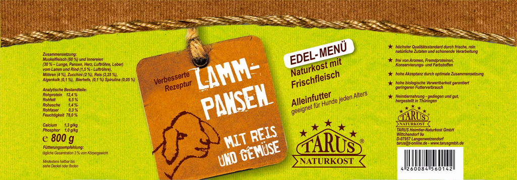 Tarus Naturkost Hund - Edel Menü Dose: Lammpansen mit Reis & Gemüse 800g