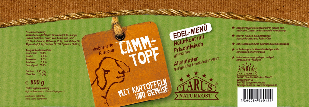 Tarus Naturkost Hund - Edel Menü Dose: Lammtopf mit Kartoffeln & Gemüse 800g