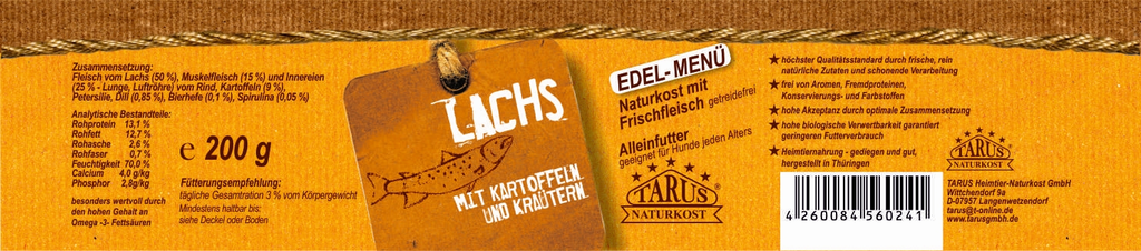 Tarus Naturkost Hund - Edel Menü Dose: Lachs mit Kräuterkartoffeln 200g