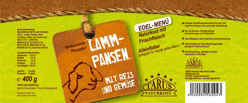 Tarus Naturkost Hund - Edel Menü Dose: Lammpansen mit Reis & Gemüse 400g