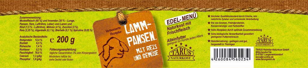 Tarus Naturkost Hund - Edel Menü Dose: Lammpansen mit Reis & Gemüse 200g