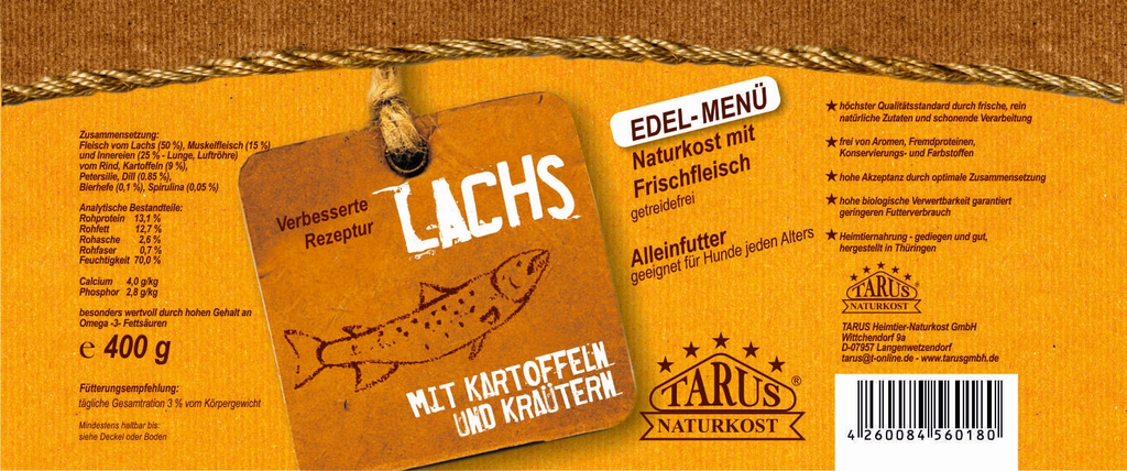 Tarus Naturkost Hund - Edel Menü Dose: Lachs mit Kräuterkartoffeln 400g