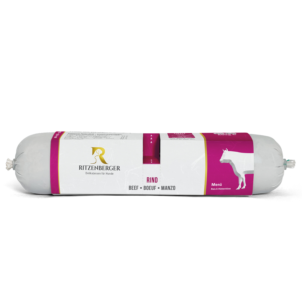 Ritzenberger Hunde Menü Duo-Rolls - Rind mit Reis & Hüttenkäse 2x400g - Hundefutter