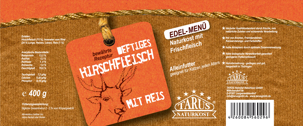 Tarus Naturkost Katze - Deftiges Hirschfleisch mit Reis 400g - Menü für Katzen