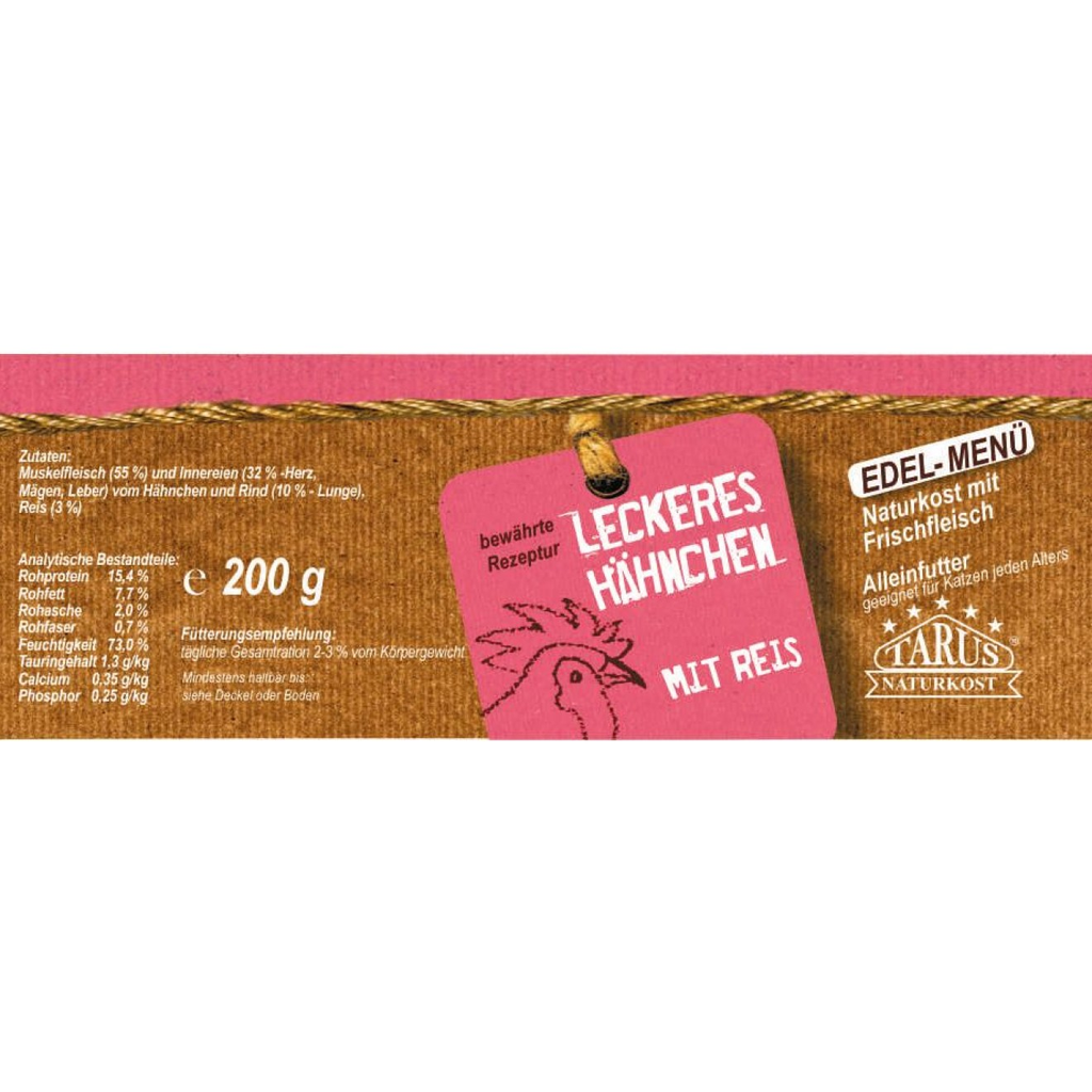 Tarus Naturkost Katze - Hähnchen mit Reis 200g - Menü für Katzen
