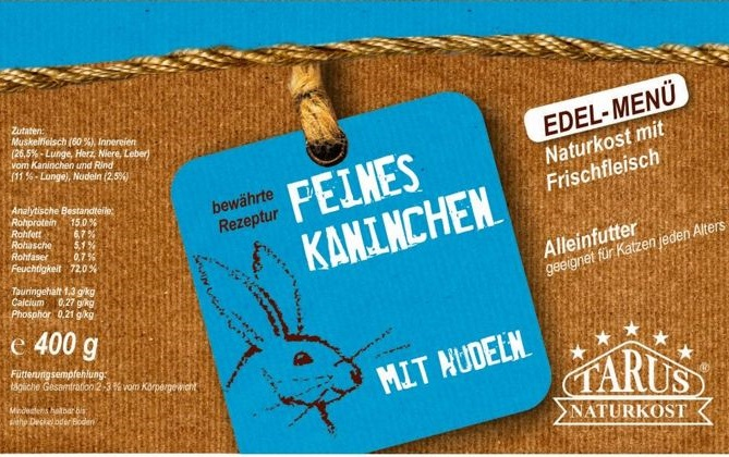 Tarus Naturkost Katze - Kaninchen mit Nudeln 200g - Menü für Katzen