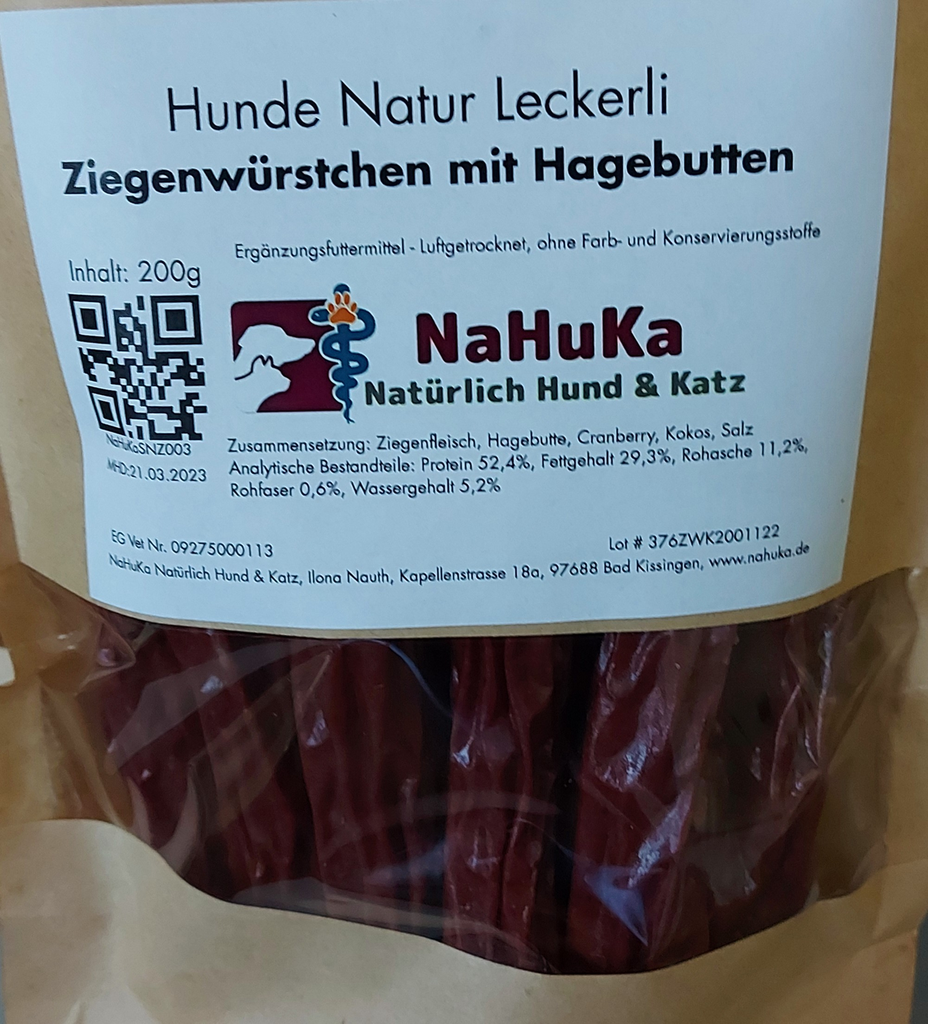 NaHuKa Natur Leckerli - Ziegenwürstchen mit Hagebutte,  Cranberry und Kokos 200g