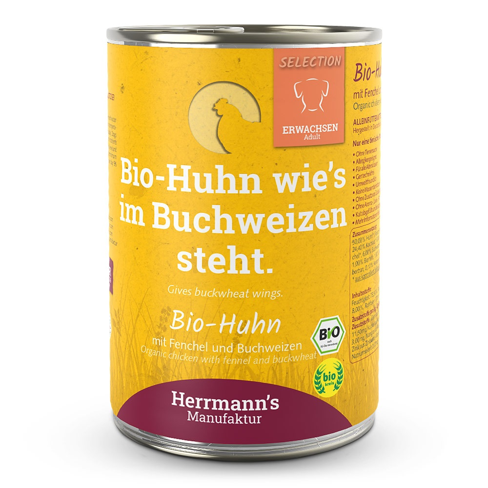 Herrmann's Hunde Dose - Adult Bio-Huhn mit Fenchel und Buchweizen  - 400g Hunde Nassfutter