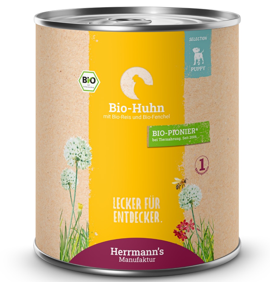 Herrmann's Welpen Menu Dose - Bio-Huhn mit Reis und Fenchel  - 800g Hunde Nassfutter für Welpen
