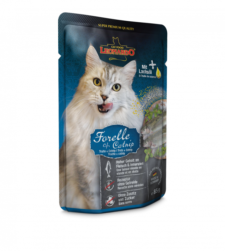 LEONARDO® Pouches 85g Forelle & Catnip (Katzenminze) - Frischebeutel