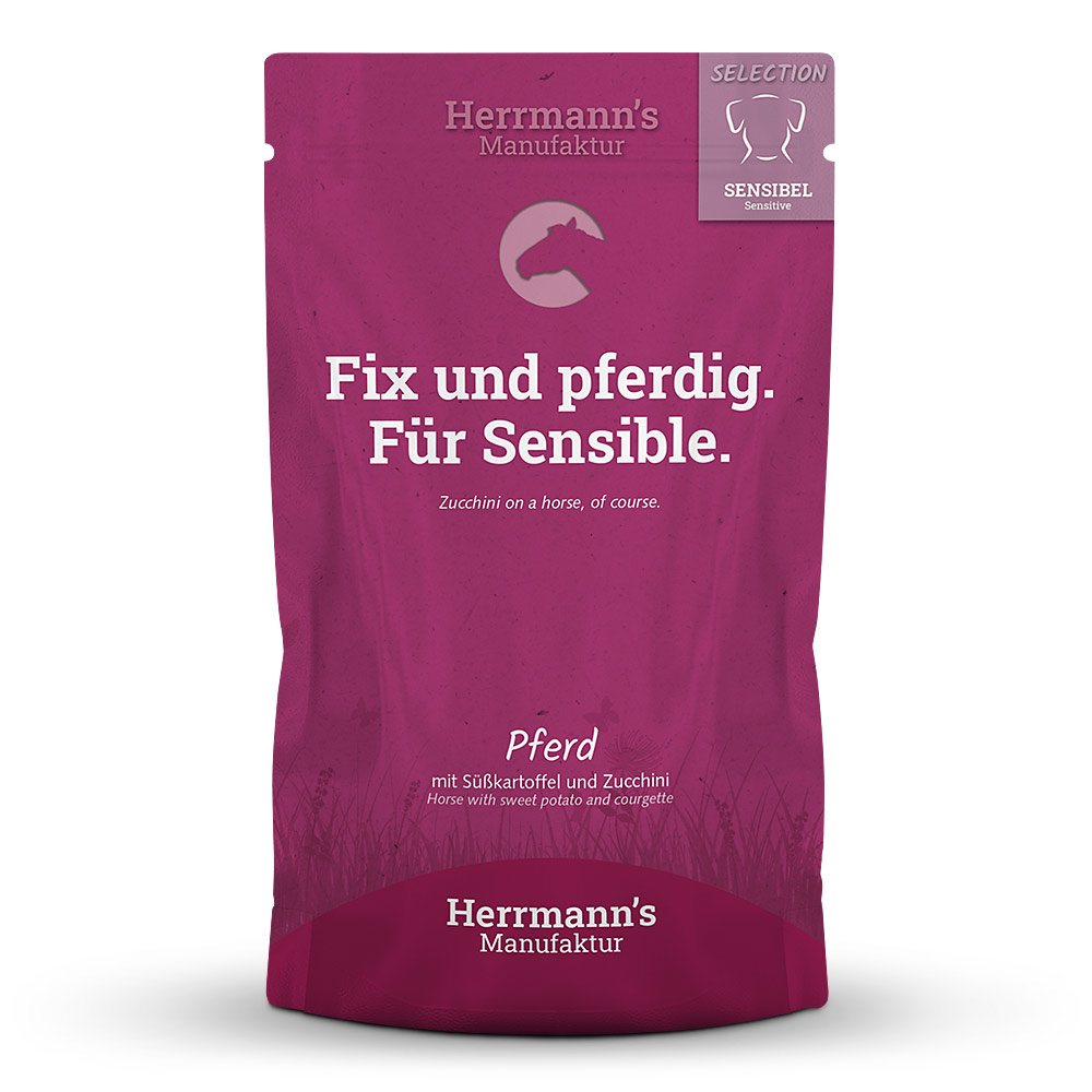 Herrmann's Hunde Pouches - Sensible Pferd mit Süßkartoffel und Zucchini - 150g Hunde Nassfutter