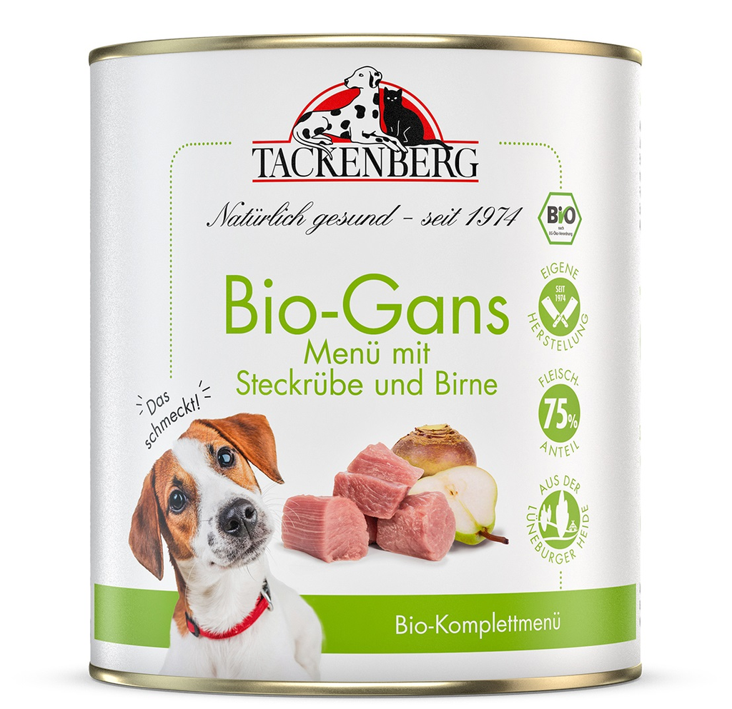 Tackenberg Menü Dose - BIO Gans mit Steckrübe und Birne 800g Nassfutter für Hunde