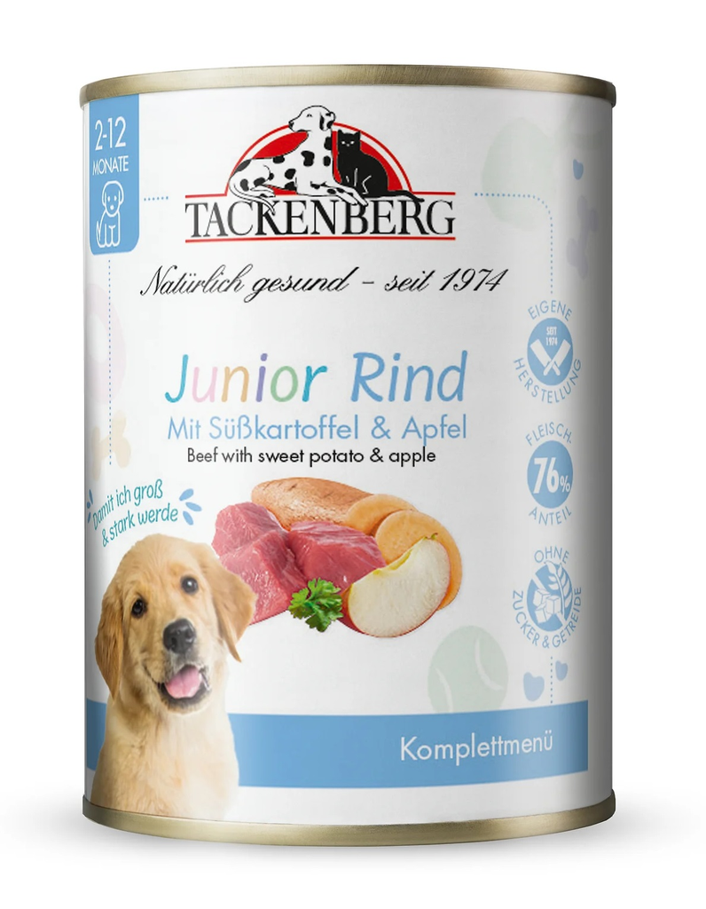 Tackenberg Welpen Menü Dose - Junges Rind mit Süßkartoffeln & Apfel 400g Nassfutter für Hunde Welpen