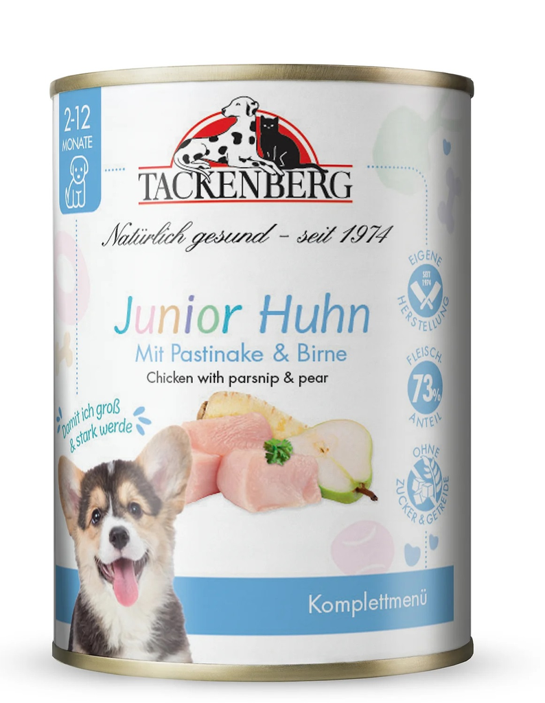 Tackenberg Welpen Menü Dose - Freilandhuhn mit Pastinaken & Birne 400g Nassfutter für Hunde Welpen