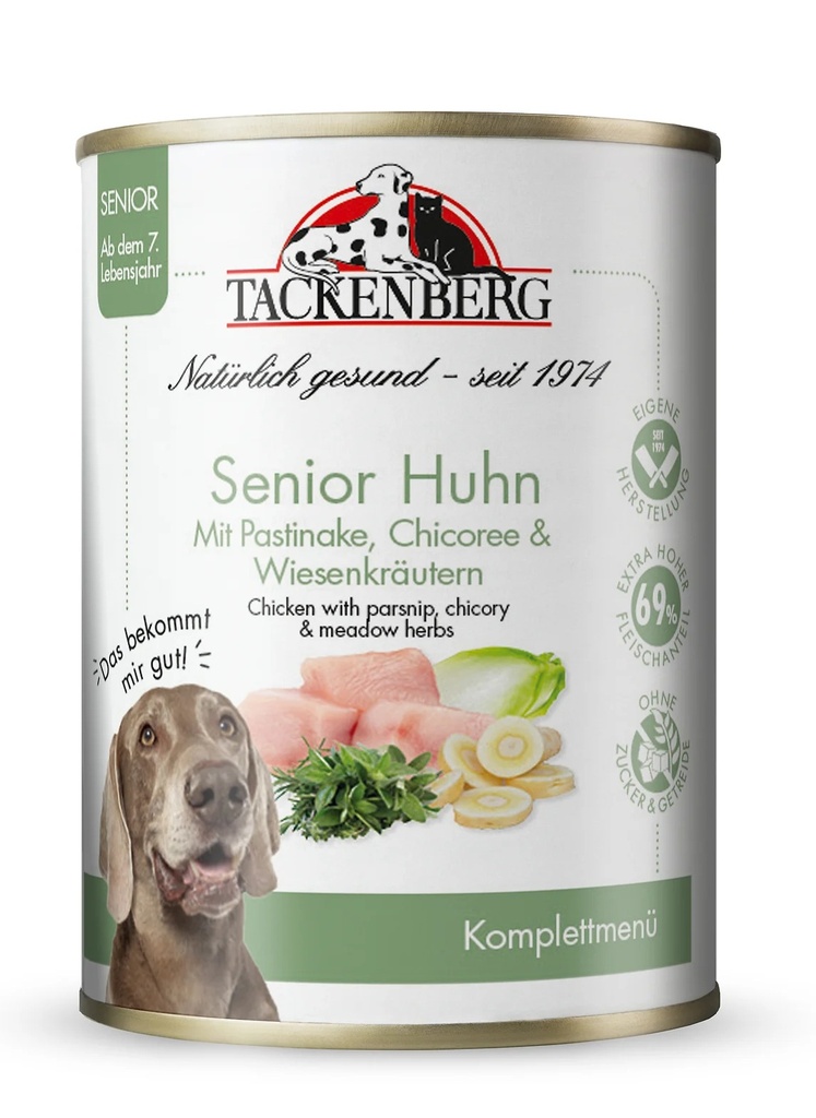 Tackenberg Senior Menü Dose - Huhn mit Pastinake, Chicoree & Wiesenkräutern 400g Nassfutter für Hunde