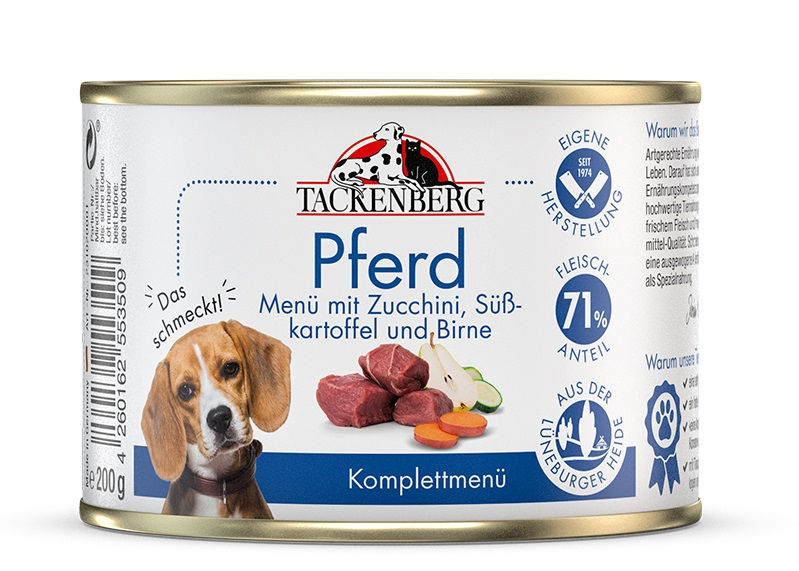 Tackenberg Menü Dose - Pferd mit Zucchini, Süßkartoffel und Birne 200g Nassfutter für Hunde