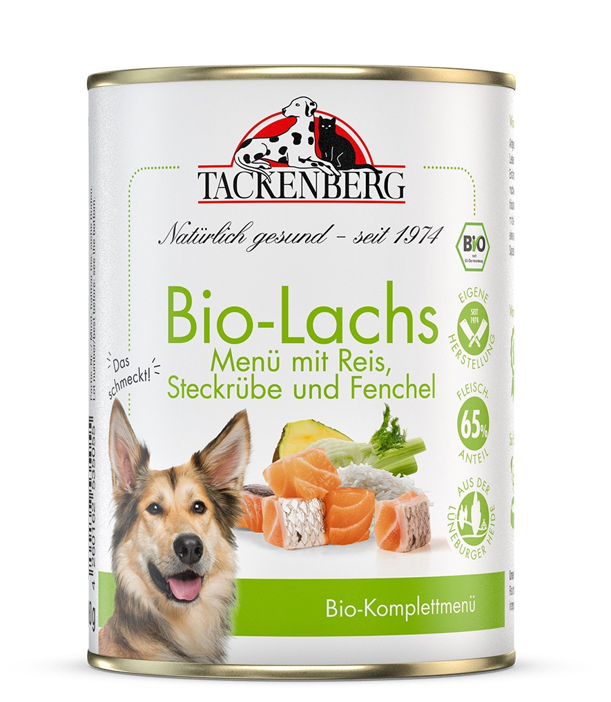 Tackenberg Menü Dose - BIO Lachs mit Reis & Fenchel 400g Nassfutter für Hunde