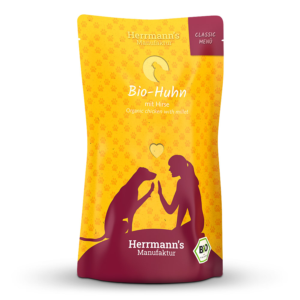 Herrmann's Hunde Pouches - Classic Bio-Huhn mit Hirse - 130g Hunde Nassfutter