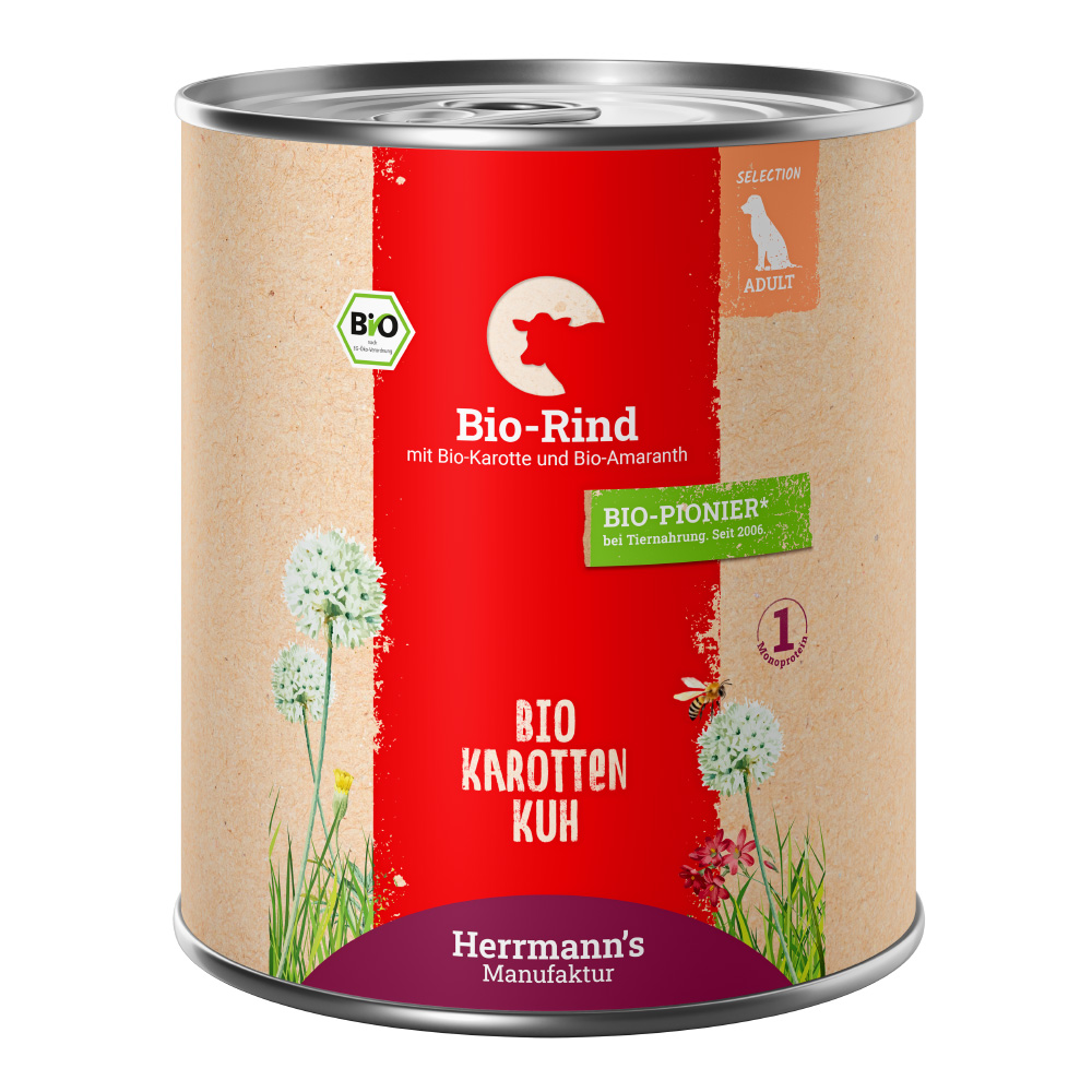 Herrmann's Hunde Dose - Adult Bio-Rind mit Karotten und Amaranth - 800g für Hunde Nassfutter