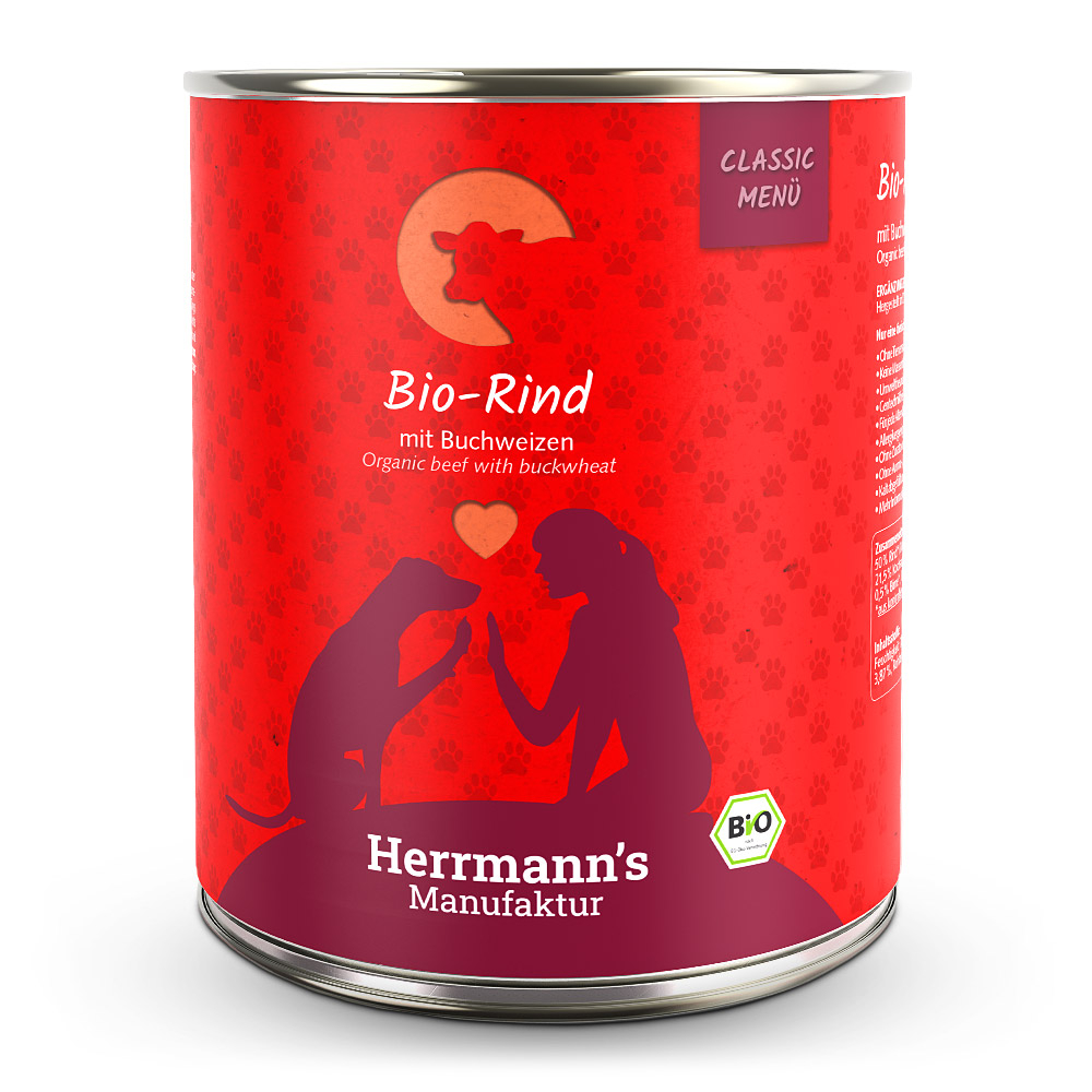 Herrmann's Hunde Dose - Classic Bio-Rind mit Buchweizen - 800g für Hunde Nassfutter