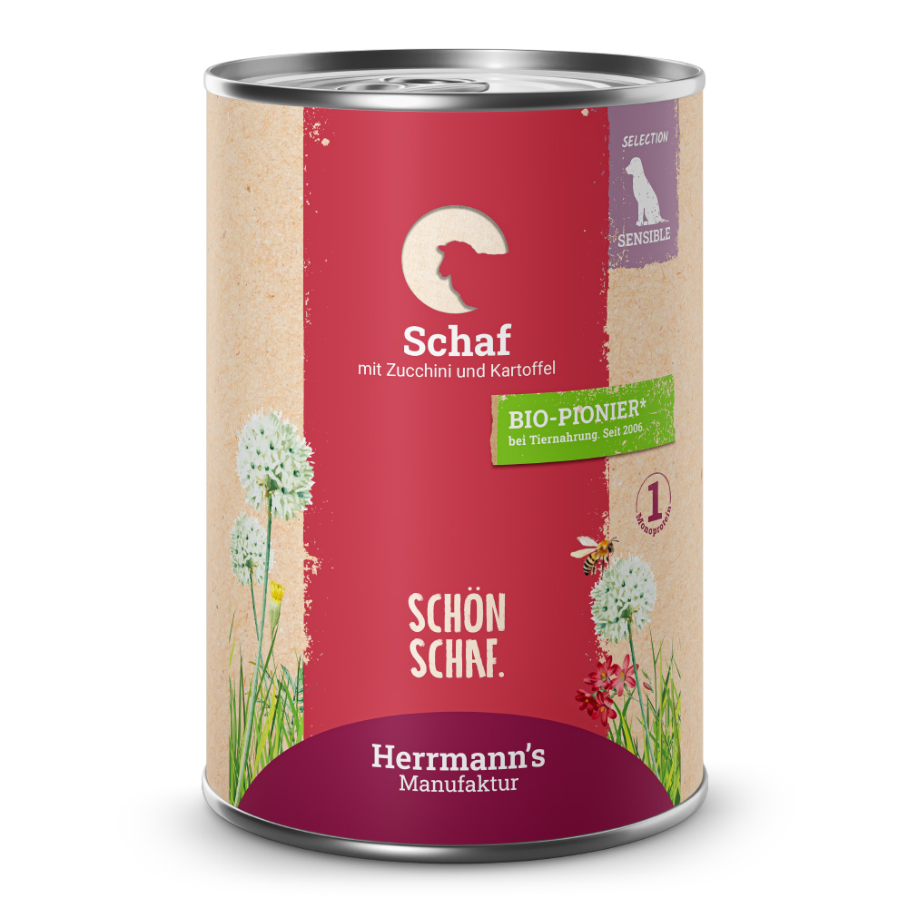 Herrmann's Hunde Dose - Sensible Schaf mit Zucchini und Kartoffeln - 400g Hunde Nassfutter sensibel