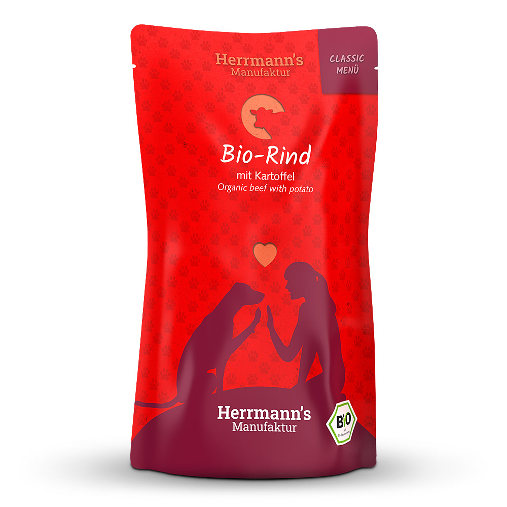 Herrmann's Hunde Pouches - Classic Bio-Rind mit Kartoffel - 130g für Hunde Nassfutter