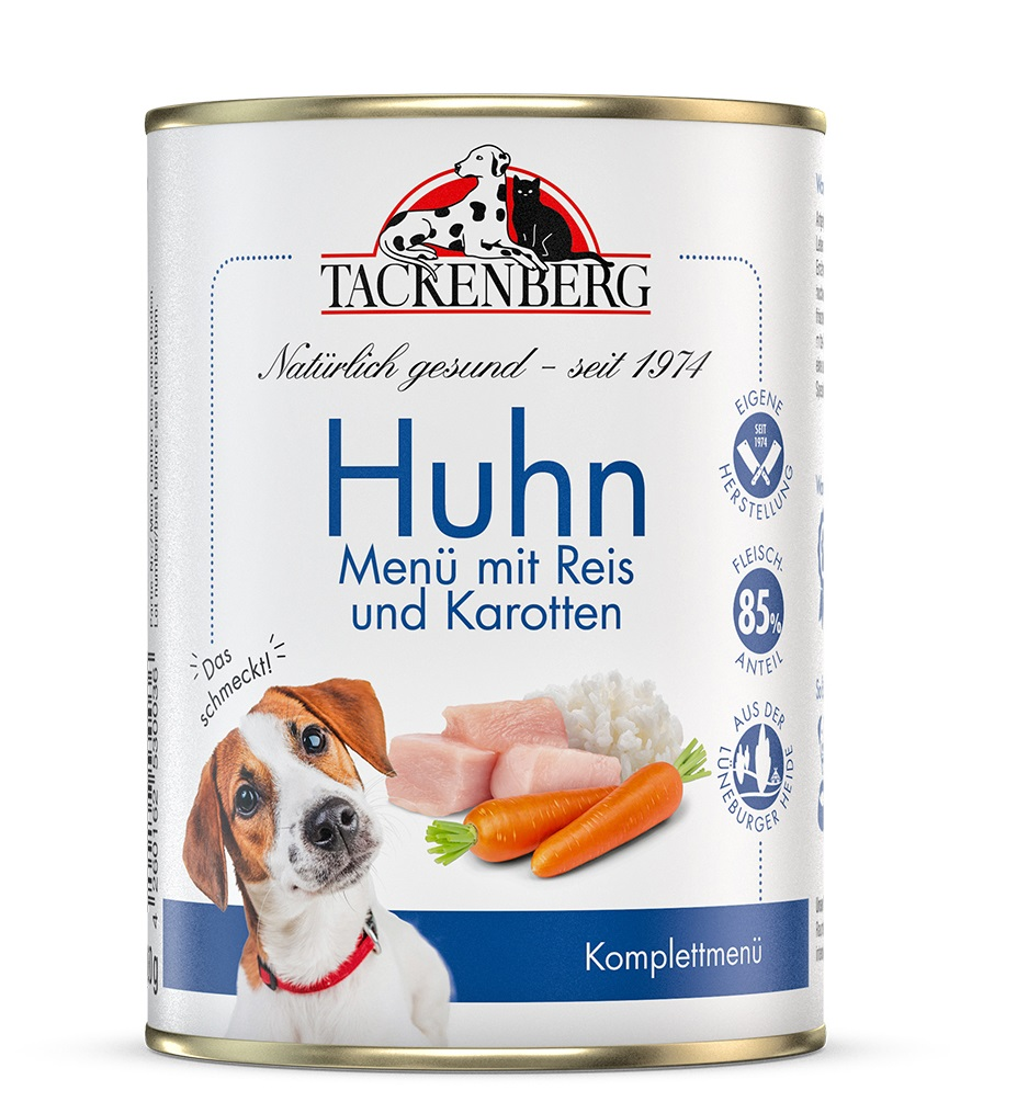 Tackenberg Menü Dose - Hühnchen mit Langkornreis und Karotten 400g Nassfutter für Hunde