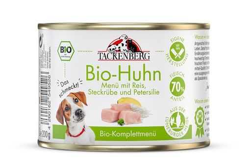 [Tb22982001] Tackenberg Menü Dose - BIO Hühnchen mit Reis 200g Nassfutter für Hunde