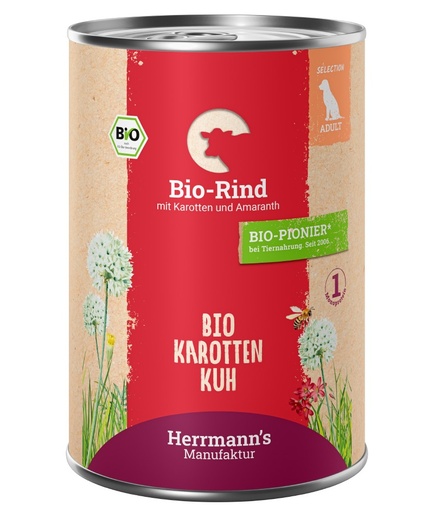 [HM006883] Herrmann's Hunde Dose - Bio-Rind mit Karotten und Amaranth - 400g für Hunde Nassfutter