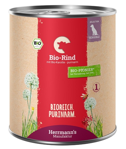 [HM009969] Herrmann's Hunde Dose - Bio-Rind mit Karotten und Süßkartoffel  - 800g für Hunde Nassfutter purinarm sensibel