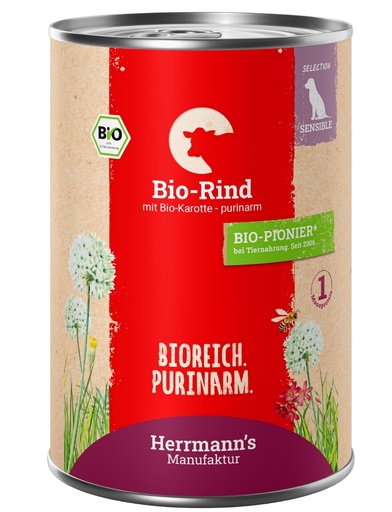 [HM009952] Herrmann's Hunde Dose - Bio-Rind mit Karotten und Süßkartoffel - 400g für Hunde Nassfutter purinarm sensibel