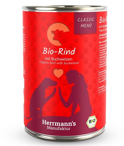 [HM020414] Herrmann's Hunde Dose - Classic Bio-Rind mit Buchweizen - 400g für Hunde Nassfutter