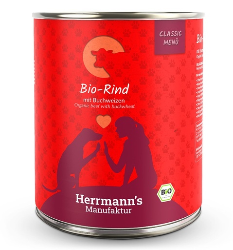 [HM800009] Herrmann's Hunde Dose - Classic Bio-Rind mit Buchweizen - 800g für Hunde Nassfutter
