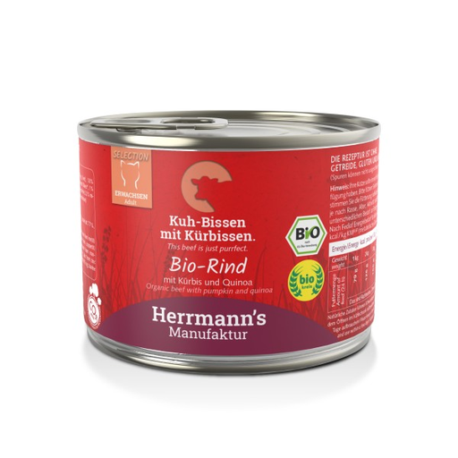 [HM-A3-200-1] Herrmann's Katzen Dose - Bio-Rind mit Kürbis und Quinoa - 200g Katzen Nassfutter