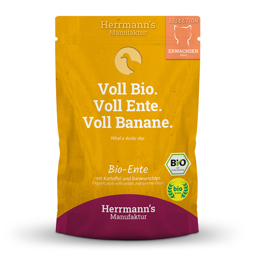 [HM007477] Herrmann's Katzen Pouches - Bio-Ente mit Kartoffeln und Bananenchips - 100g Katzen Nassfutter