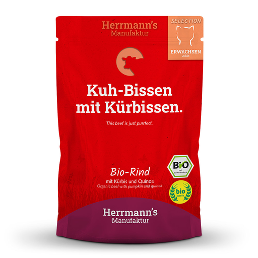 [HM007439] Herrmann's Katzen Pouches - Bio-Rind mit Kürbis und Quinoa - 100g Katzen Nassfutter
