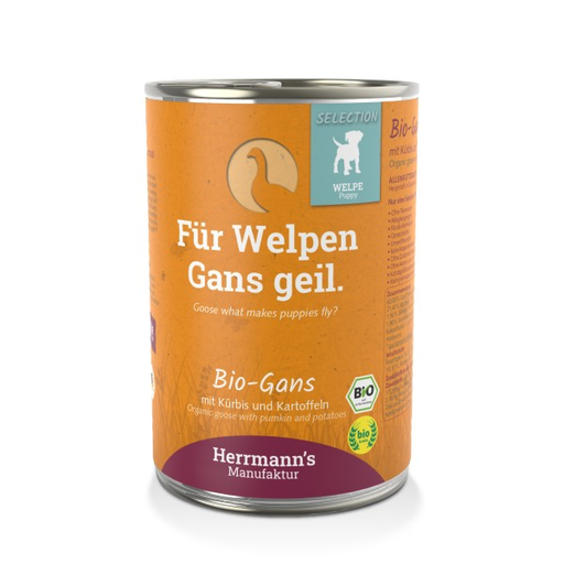 [HM006760] Herrmann's Welpen Menu Dose - Bio-Gans mit Kürbis und Kartoffeln - 400g Hunde Nassfutter für Welpen
