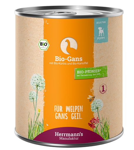 [HM006760xx] Herrmann's Welpen Menu Dose - Bio-Gans mit Kürbis und Kartoffeln - 800g Hunde Nassfutter für Welpen