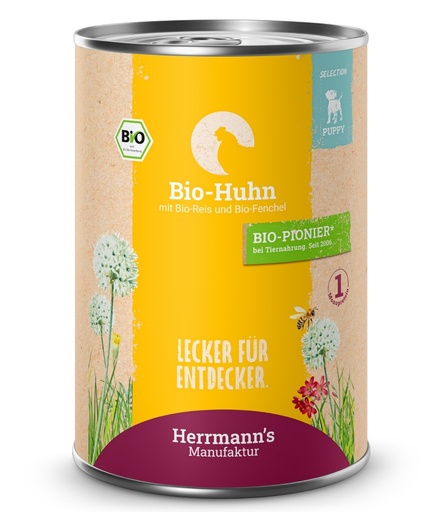 [HM004448] Herrmann's Welpen Menu Dose - Bio-Huhn mit Reis und Fenchel  - 400g Hunde Nassfutter für Welpen