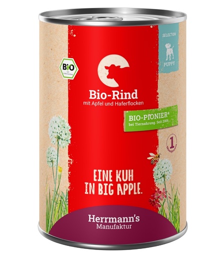 [HM006784] Herrmann's Welpen Menu Dose - Bio-Rind mit Apfel und Haferflocken - 400g Hunde Nassfutter für Welpen
